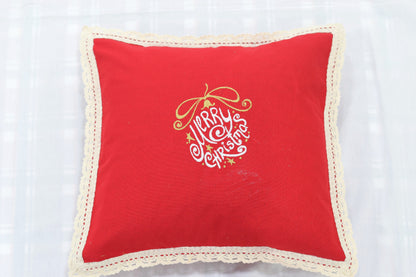 Festive Merry Christmas Cushion Cover – 16x16 Inch (Red with Lace Border)