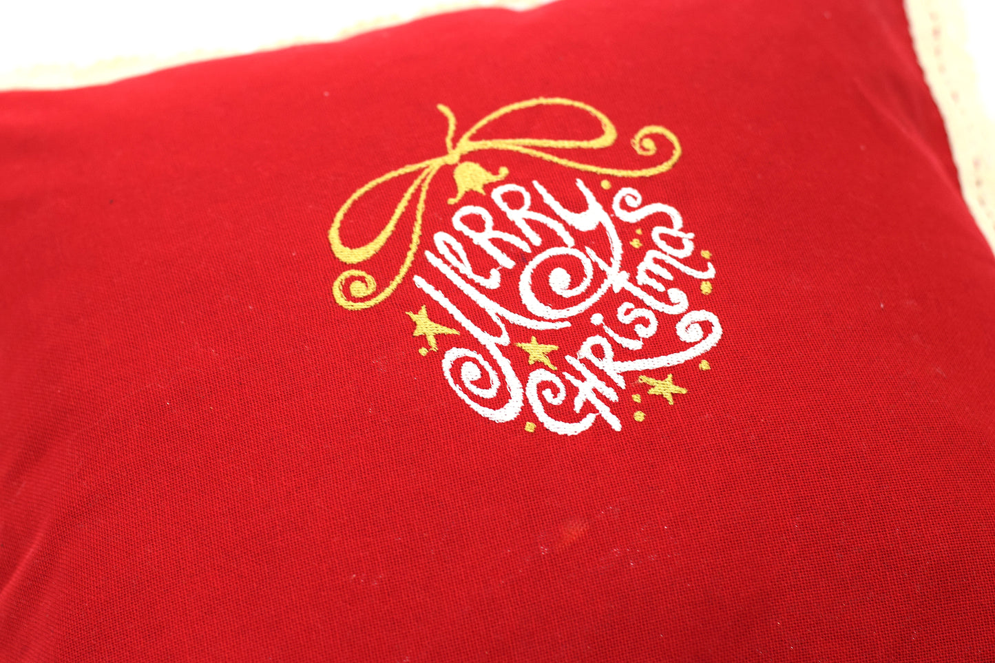 Festive Merry Christmas Cushion Cover – 16x16 Inch (Red with Lace Border)