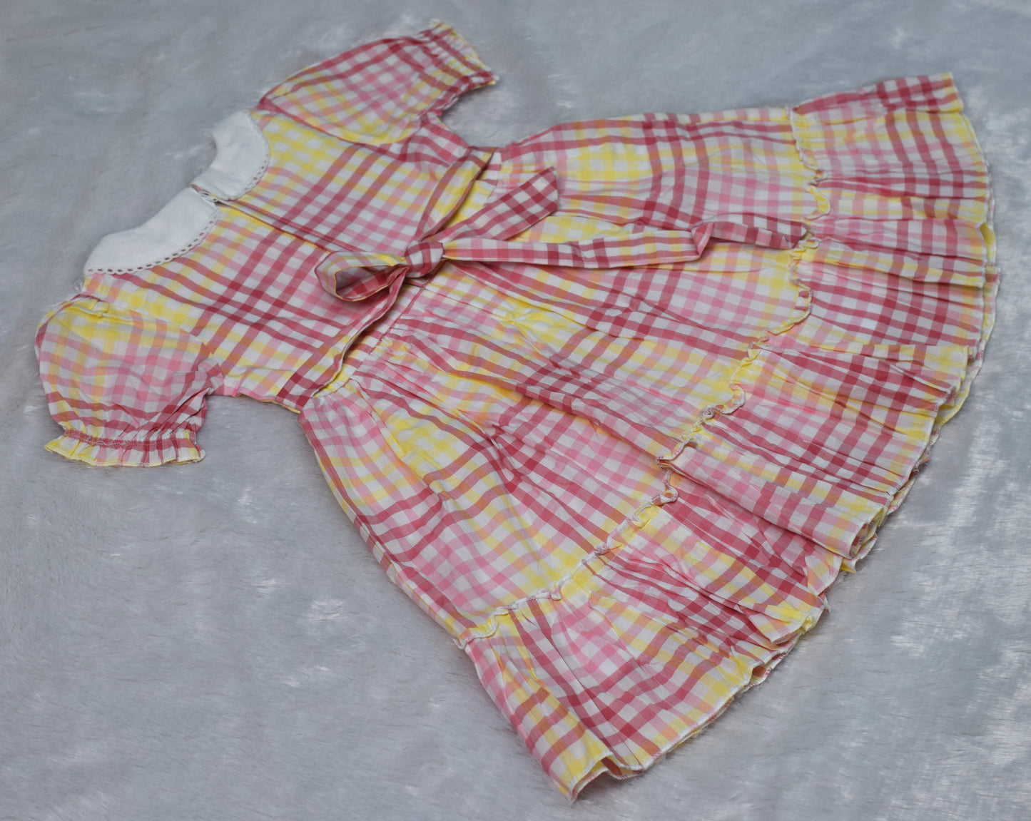 Girls Pink &Yellow Checkered Cotton Frock with Peter Pan Collar