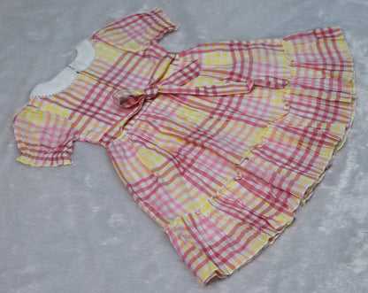 Girls Pink &Yellow Checkered Cotton Frock with Peter Pan Collar