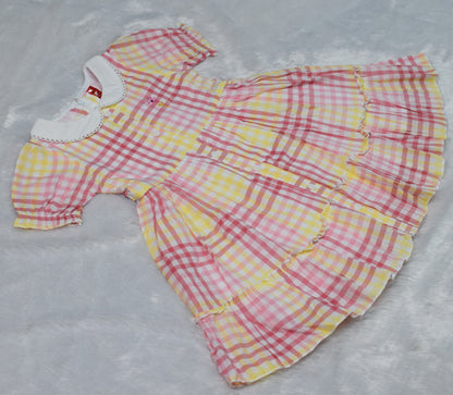 Girls Pink &Yellow Checkered Cotton Frock with Peter Pan Collar