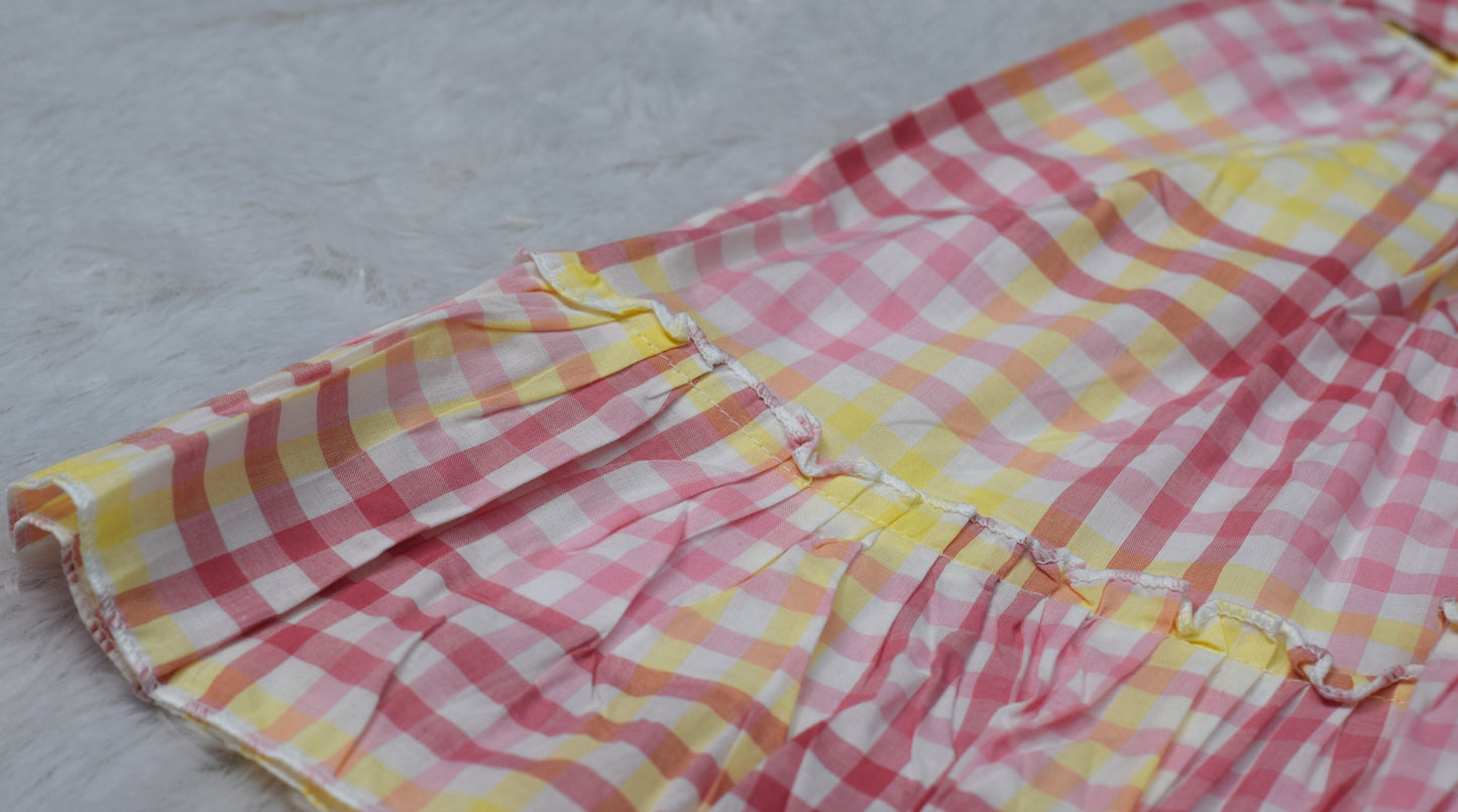 Girls Pink &Yellow Checkered Cotton Frock with Peter Pan Collar