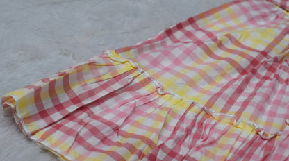 Girls Pink &Yellow Checkered Cotton Frock with Peter Pan Collar