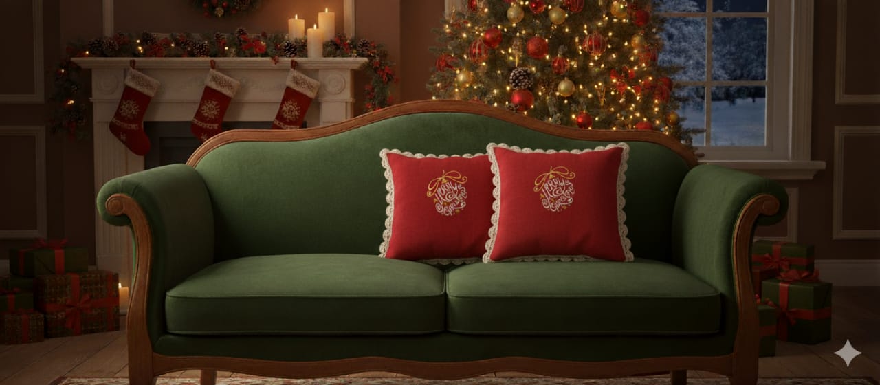 Festive Merry Christmas Cushion Cover – 16x16 Inch (Red with Lace Border)
