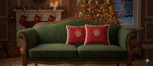 Festive Merry Christmas Cushion Cover – 16x16 Inch (Red with Lace Border)