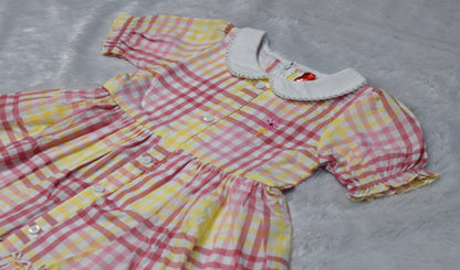 Girls Pink &Yellow Checkered Cotton Frock with Peter Pan Collar