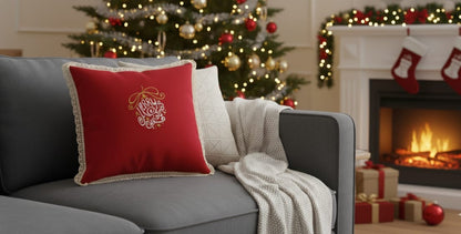 Festive Merry Christmas Cushion Cover – 16x16 Inch (Red with Lace Border)