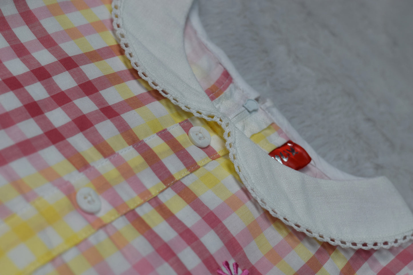 Girls Pink &Yellow Checkered Cotton Frock with Peter Pan Collar