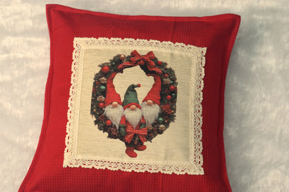 🎄 Christmas Gnome Wreath Cushion Cover – 16x16 Inch | Festive Decorative Pillow Case