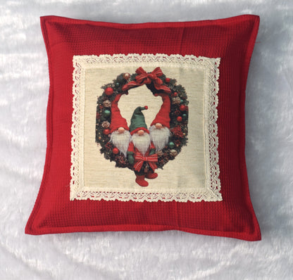 🎄 Christmas Gnome Wreath Cushion Cover – 16x16 Inch | Festive Decorative Pillow Case