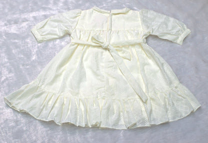 Cream Embroidered Cotton Kids Frock with Bow Tie Back