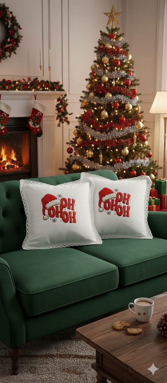 Ho Ho Ho Christmas Embroidered Cushion Cover – 16x16 Inch | Festive Decorative Pillow Cover