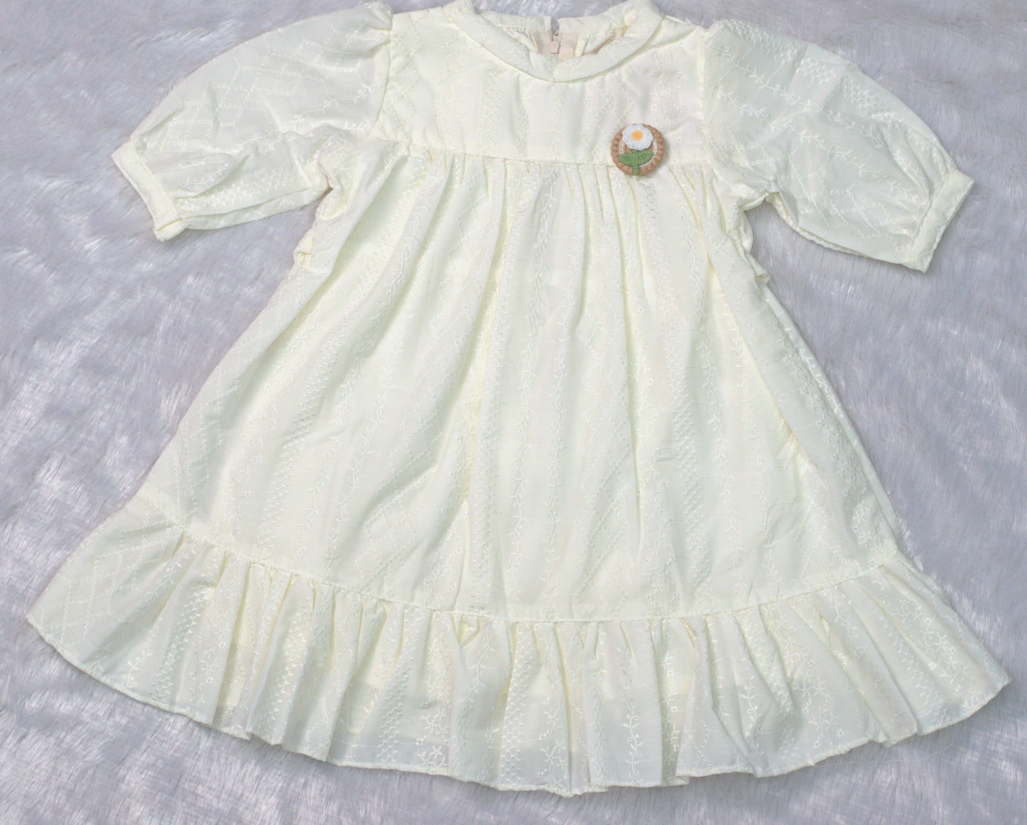 Cream Embroidered Cotton Kids Frock with Bow Tie Back