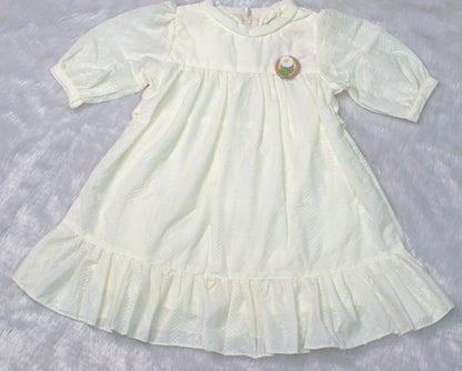 Cream Embroidered Cotton Kids Frock with Bow Tie Back