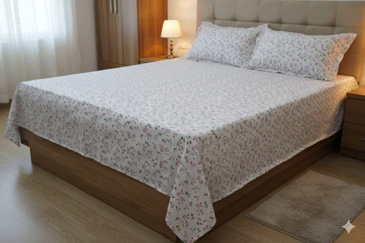 Queen Size Floral Cotton Bedspread – Soft White Base with Pink Blossom Print