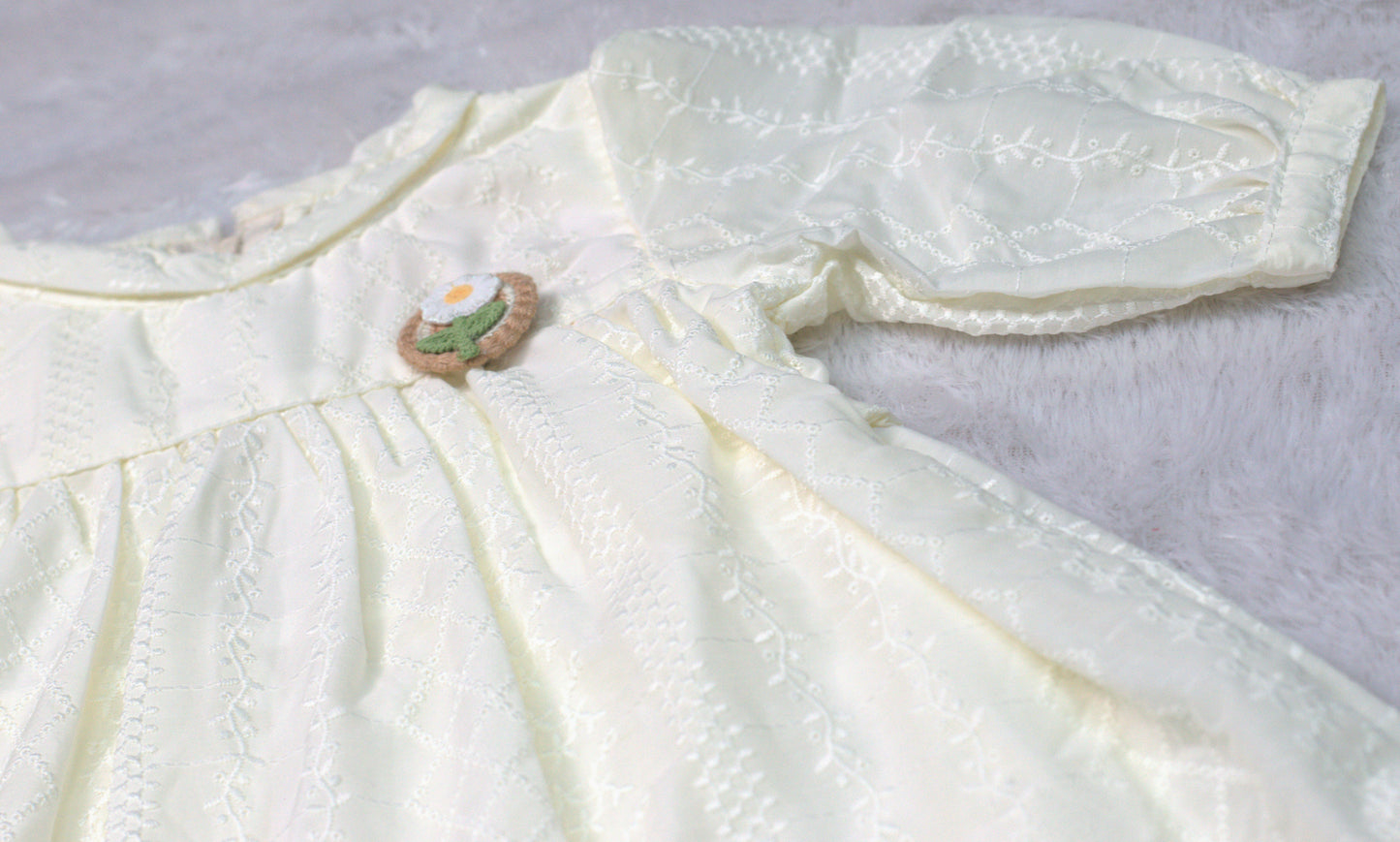 Cream Embroidered Cotton Kids Frock with Bow Tie Back