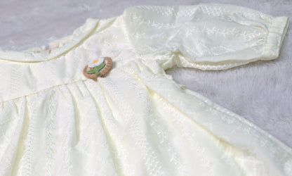 Cream Embroidered Cotton Kids Frock with Bow Tie Back