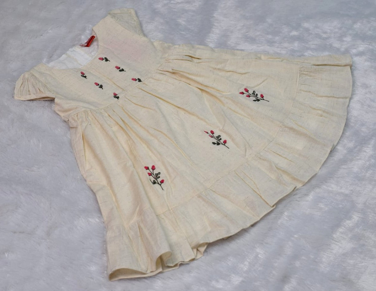 Cream Cotton Embroidered Kids Frock with Back Bow