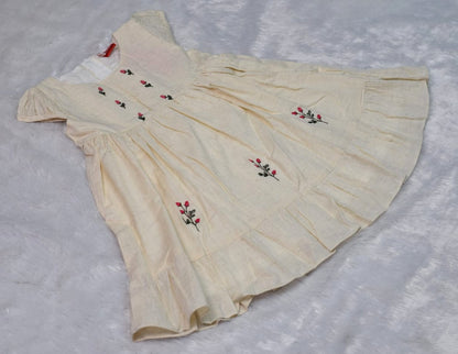 Cream Cotton Embroidered Kids Frock with Back Bow