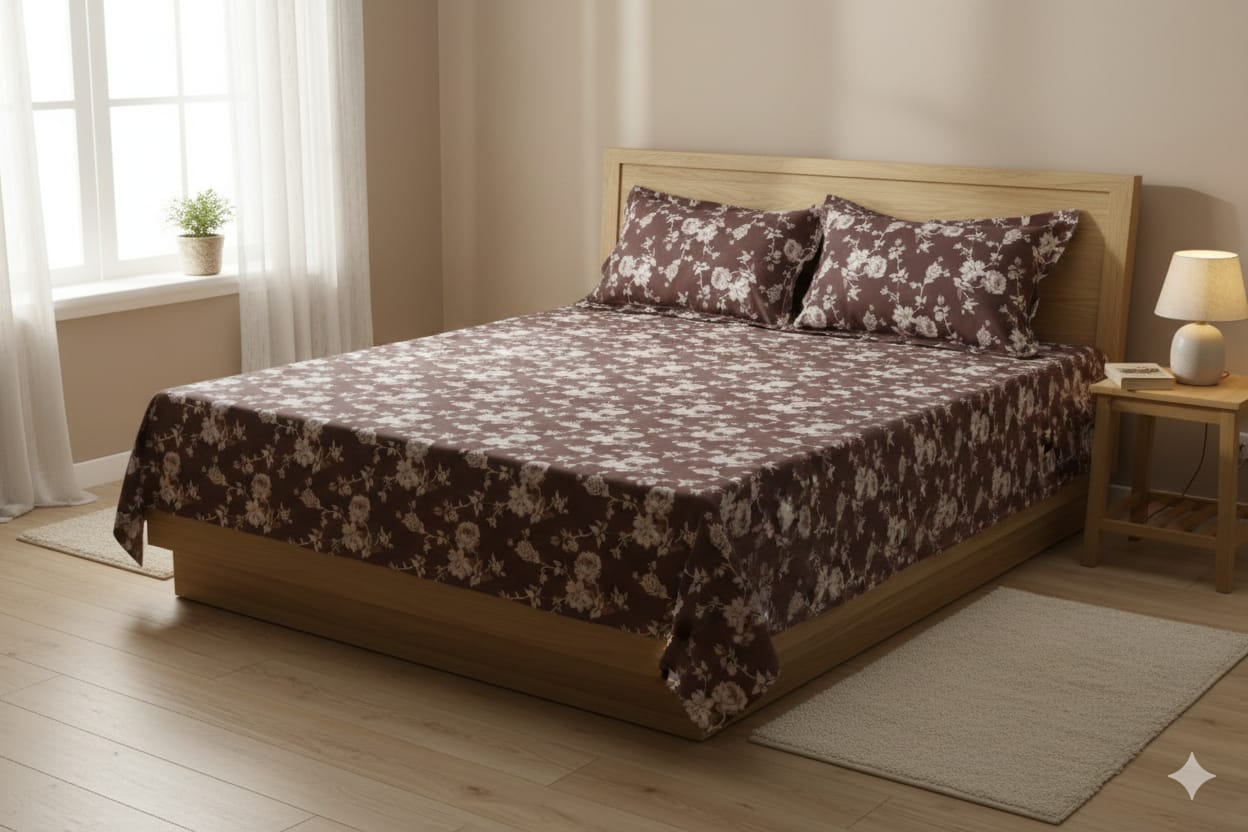 Elegant Floral Queen Size Bedspread – Soft Cotton Feel | Brown & Ivory Design
