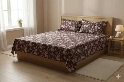 Elegant Floral Queen Size Bedspread – Soft Cotton Feel | Brown & Ivory Design