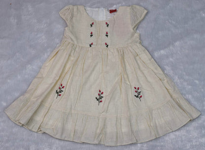 Cream Cotton Embroidered Kids Frock with Back Bow