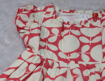 Girls Red & Cream Leaf Print Cotton Frock with Ruffle Sleeves