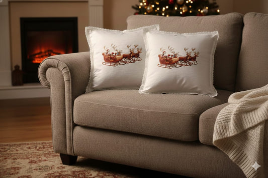 Festive Santa Sleigh Embroidered Cushion Cover – 16x16 Inch