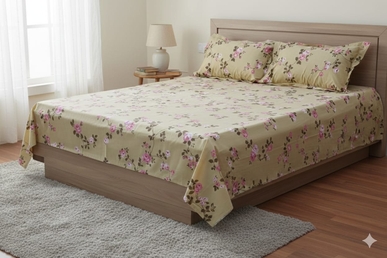 Queen Size Floral Bedspread with Matching Pillow Covers – Beige & Pink Rose Print