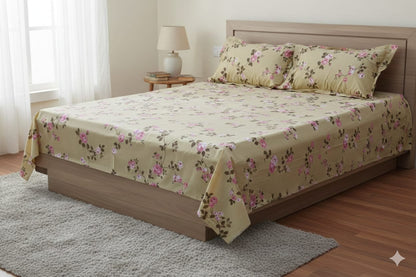 Queen Size Floral Bedspread with Matching Pillow Covers – Beige & Pink Rose Print