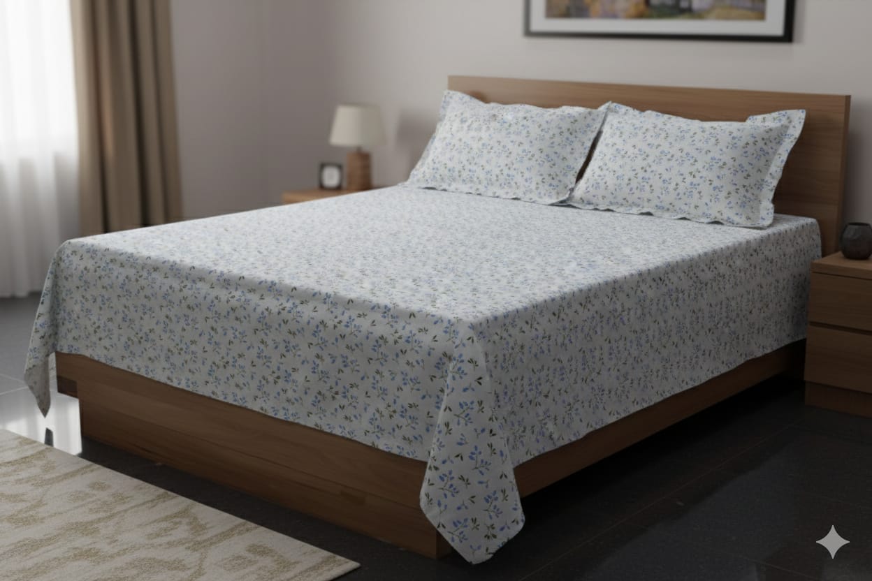 Elegant Blue Floral Queen Size Bed Spread – Soft & Stylish Everyday Bedding