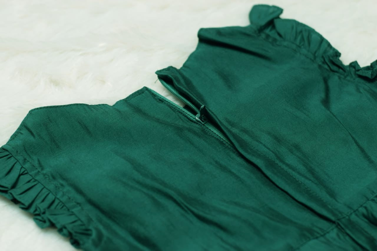 Girls Green Cotton Frock with Embroidered Bird Design & Waist Tie