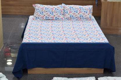 Floral Printed King Size Bed Spread with Solid Border – Blue & White