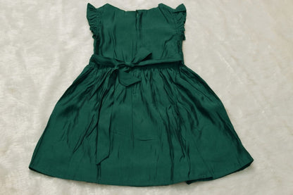 Girls Green Cotton Frock with Embroidered Bird Design & Waist Tie