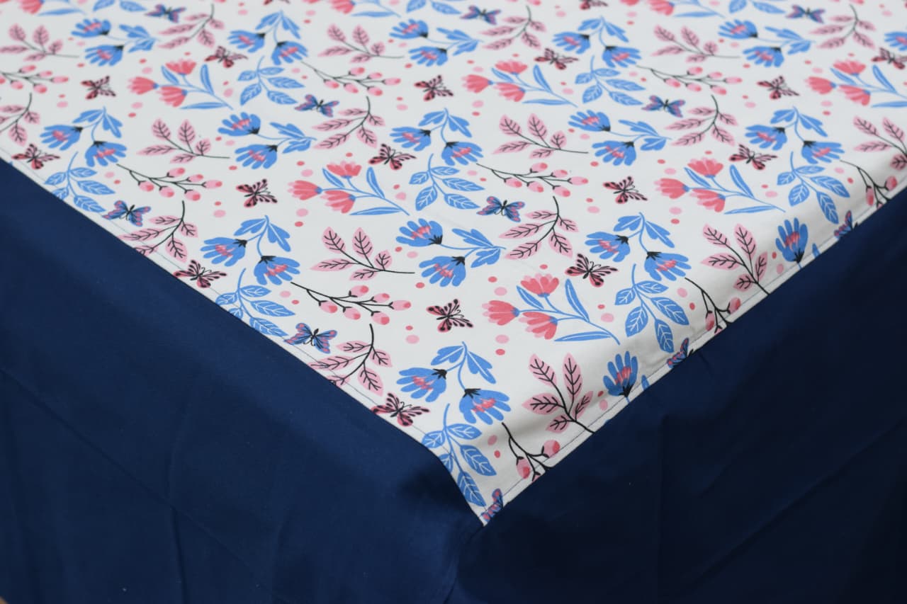 Floral Printed King Size Bed Spread with Solid Border – Blue & White