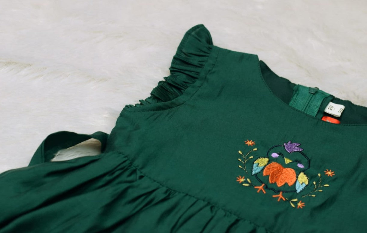 Girls Green Cotton Frock with Embroidered Bird Design & Waist Tie