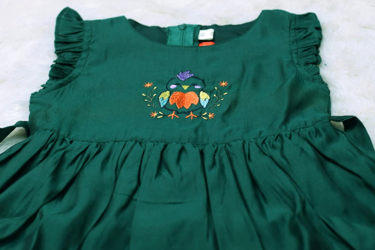Girls Green Cotton Frock with Embroidered Bird Design & Waist Tie