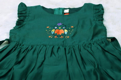 Girls Green Cotton Frock with Embroidered Bird Design & Waist Tie