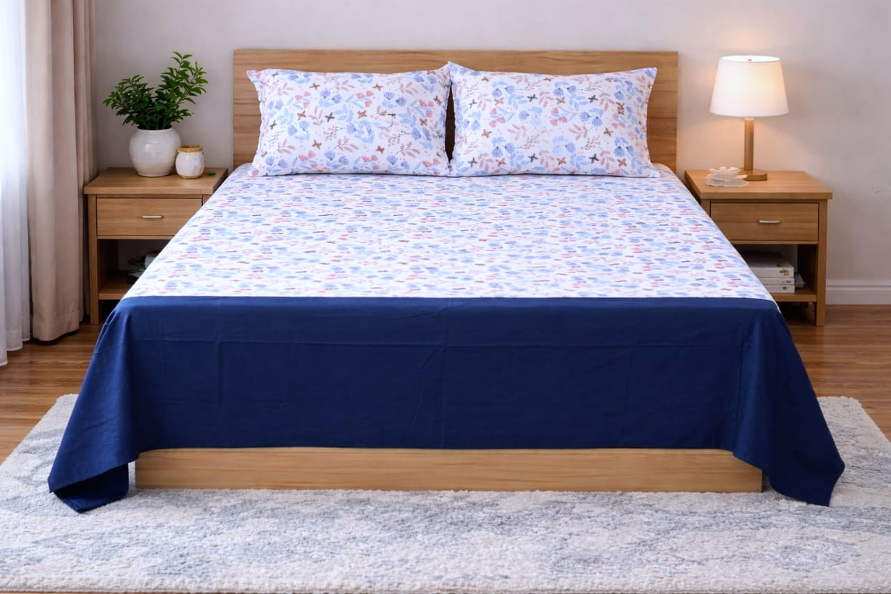 Floral Printed King Size Bed Spread with Solid Border – Blue & White