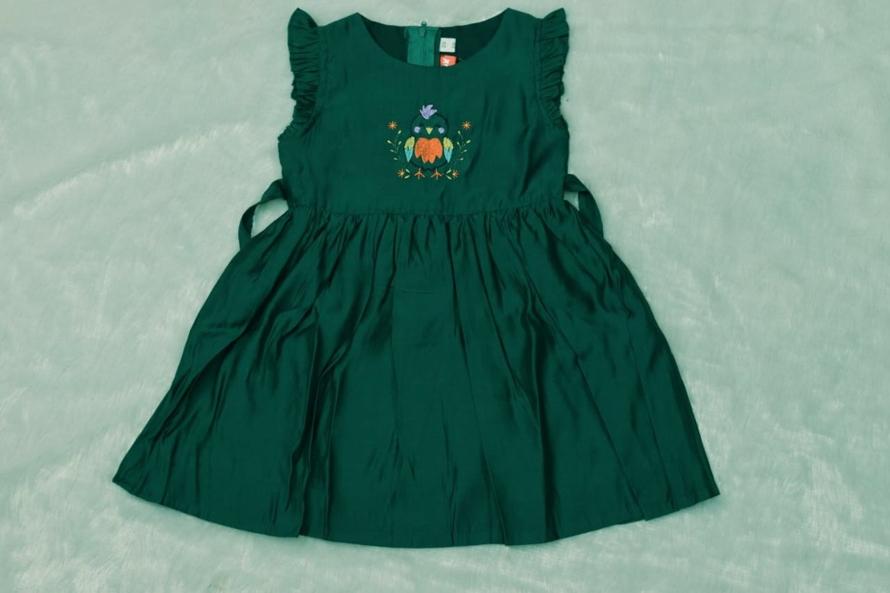 Girls Green Cotton Frock with Embroidered Bird Design & Waist Tie
