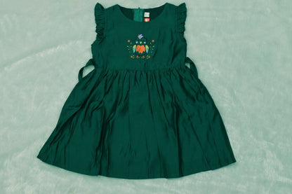 Girls Green Cotton Frock with Embroidered Bird Design & Waist Tie
