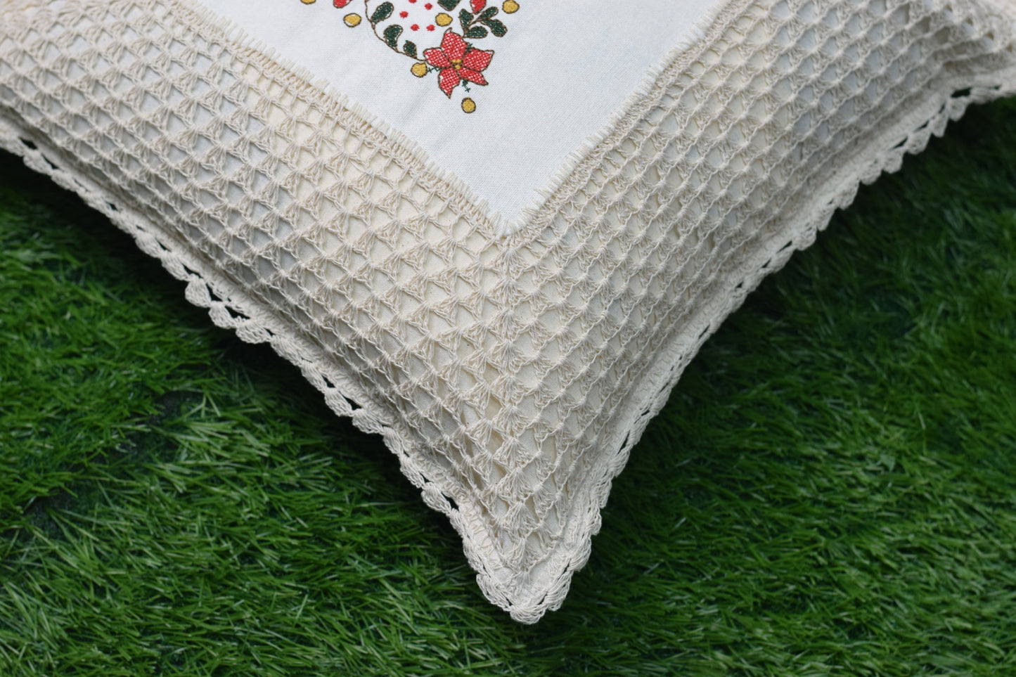 Christmas Embroidered Cushion Cover Set (16x16 Inch) – Handcrafted Crochet Border | Set of 2