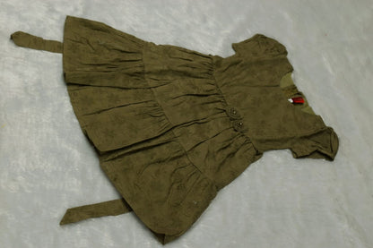 Olive Green Floral Printed Girls Frock with Waist Flower Detail