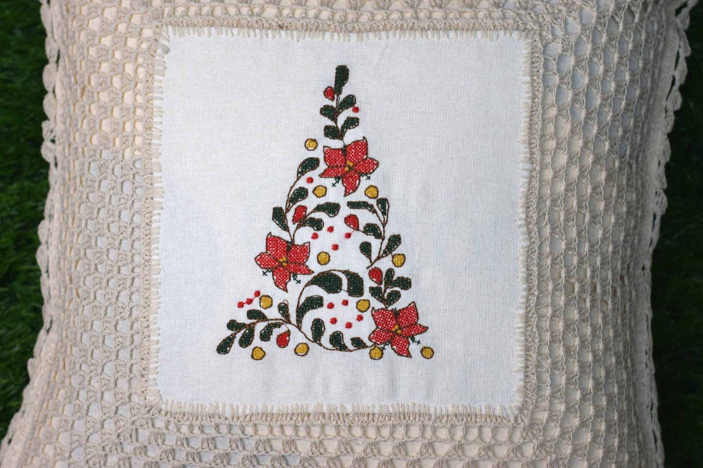 Christmas Embroidered Cushion Cover Set (16x16 Inch) – Handcrafted Crochet Border | Set of 2