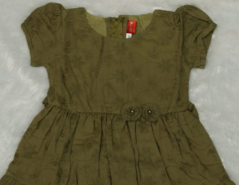 Olive Green Floral Printed Girls Frock with Waist Flower Detail