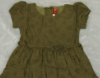 Olive Green Floral Printed Girls Frock with Waist Flower Detail