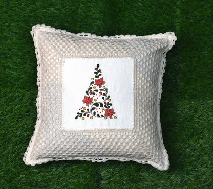 Christmas Embroidered Cushion Cover Set (16x16 Inch) – Handcrafted Crochet Border | Set of 2