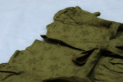 Olive Green Floral Printed Girls Frock with Waist Flower Detail