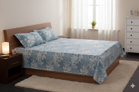 Floral Blue Queen Size Bed Spread – Soft & Elegant All-Over Print