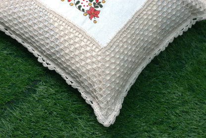 Christmas Embroidered Cushion Cover Set (16x16 Inch) – Handcrafted Crochet Border | Set of 2